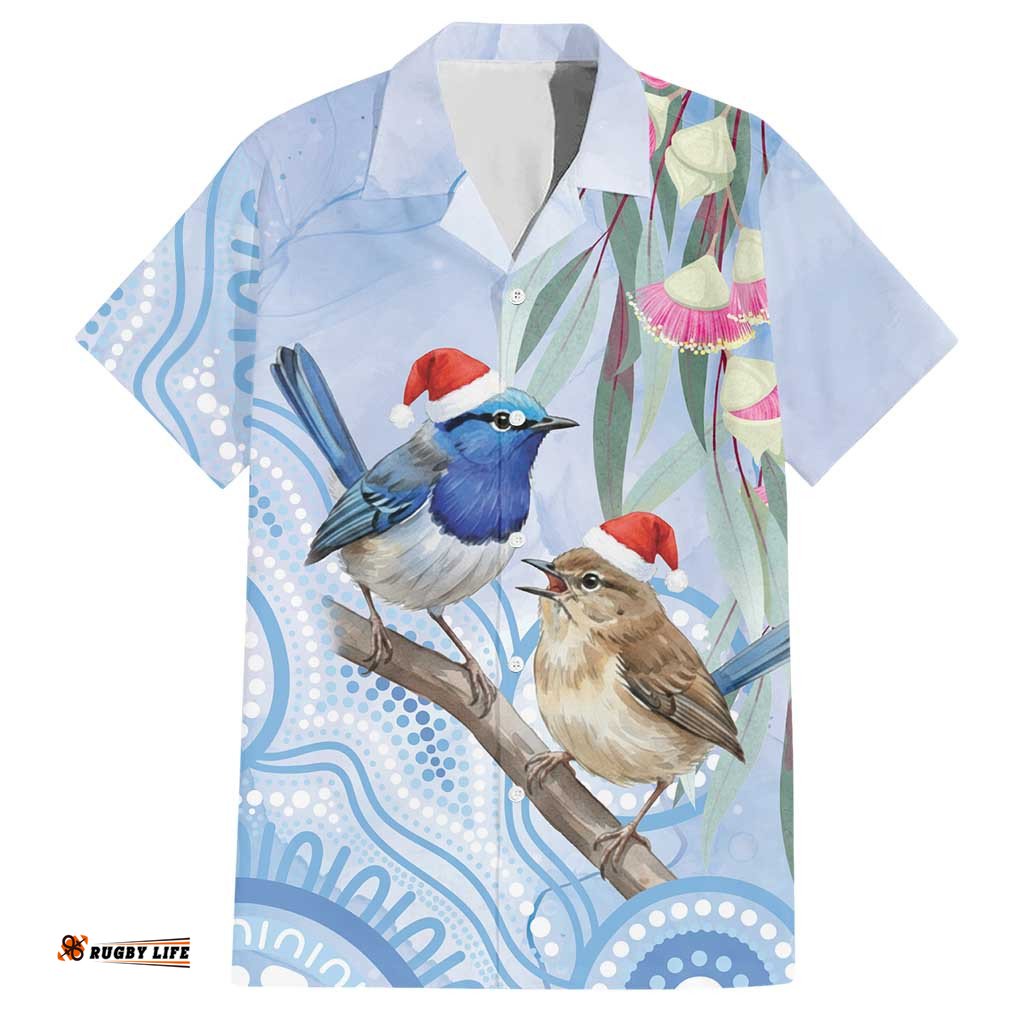 Australia Superb Fairywren Christmas Hawaiian Shirt Aboriginal Eucalyptus Blossoms Watercolor LT14