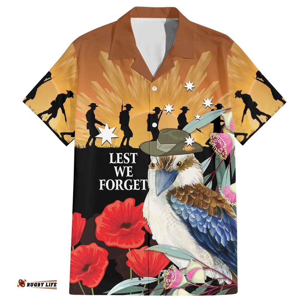Australia Kookaburra ANZAC Day Hawaiian Shirt Rising Sun 25th April Poppy Eucalyptus Blossoms LT14
