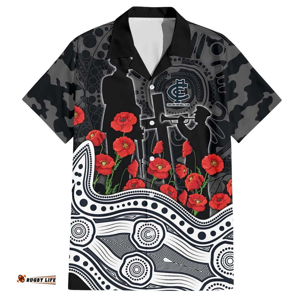Carlton Blues ANZAC Day Hawaiian Shirt Indigenous Dot Art with Poppy Flower Tribute TS04