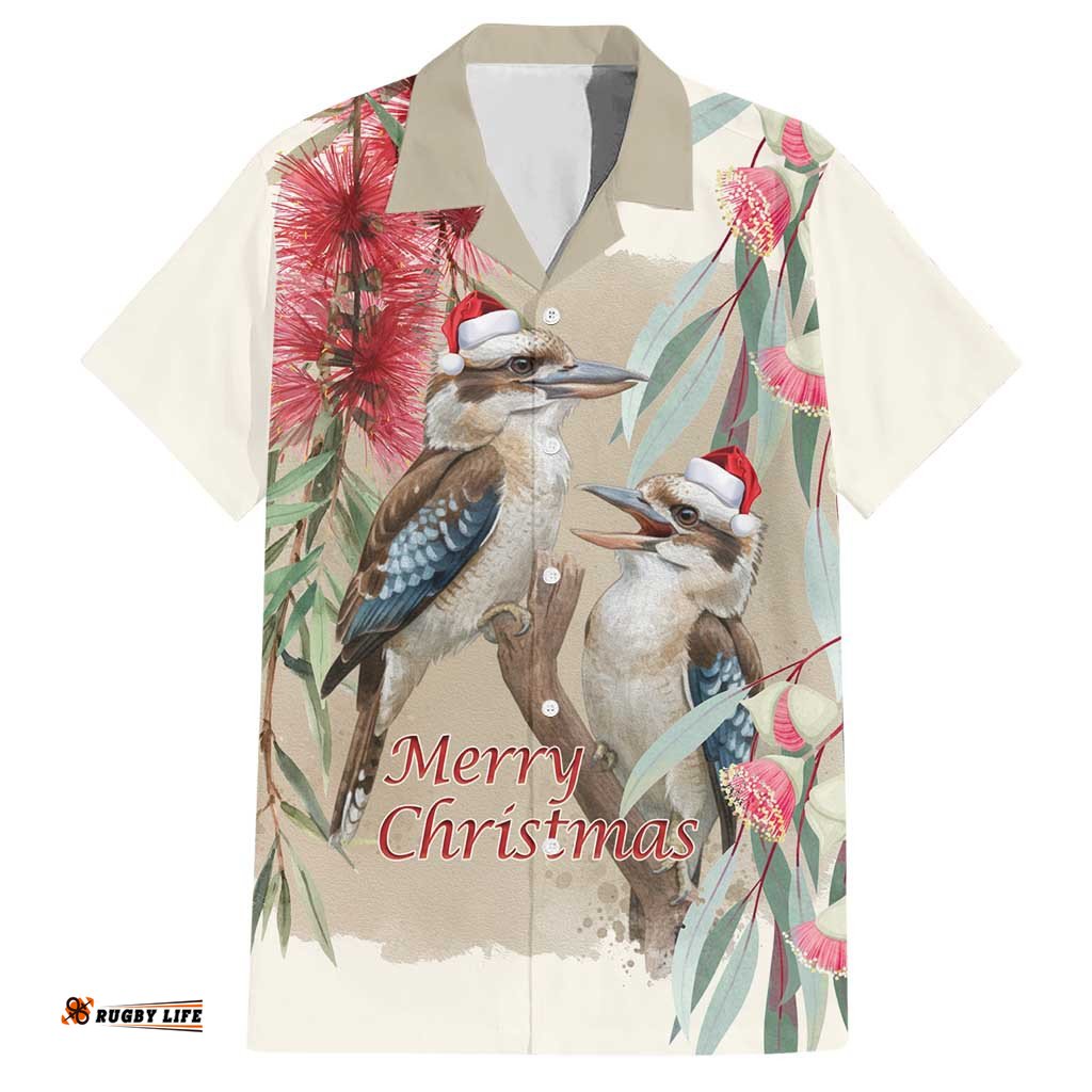 Australia Kookaburra Christmas Hawaiian Shirt Bottlebrush Eucalyptus Blossoms Watercolor LT14