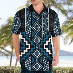 Azure Tukutuku Pattern Aotearoa Hawaiian Shirt Niho Taniwha and Puhoro Motifs LT7