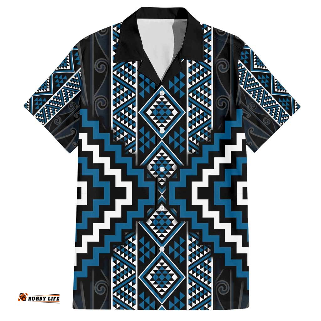 Azure Tukutuku Pattern Aotearoa Hawaiian Shirt Niho Taniwha and Puhoro Motifs LT7