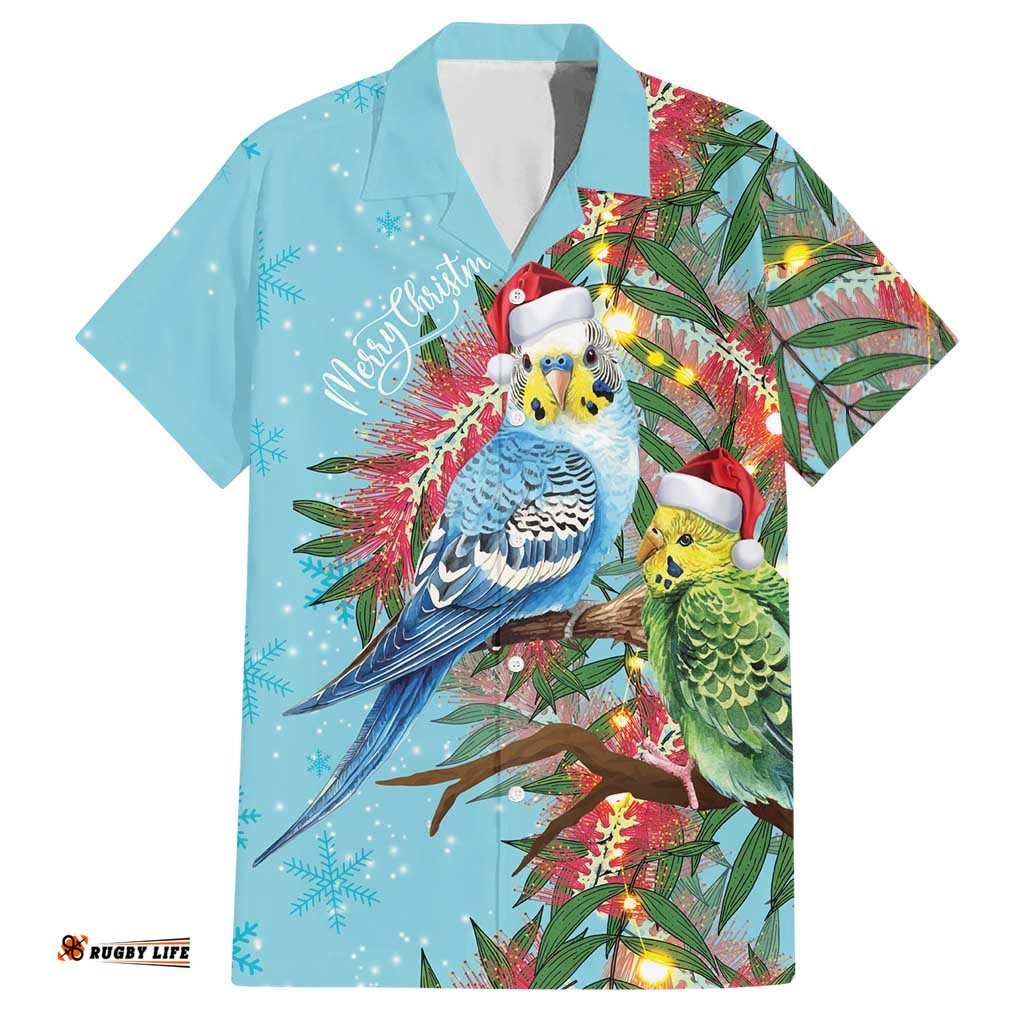 Blue Budgies on Callistemon Hawaiian Shirt Merry Christmas Aussie LT7