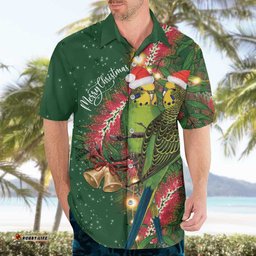 Green Budgerigars on Callistemon Hawaiian Shirt Merry Christmas Aussie LT7