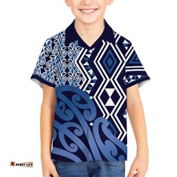 New Zealand Hawaiian Shirt Aotearoa Kowhaiwhai Mix Taniko Art - Blue LT14