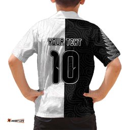 Custom New Zealand Football Hawaiian Shirt Silver Fern and Maori Tribal Black White Half Sporty Style LT03
