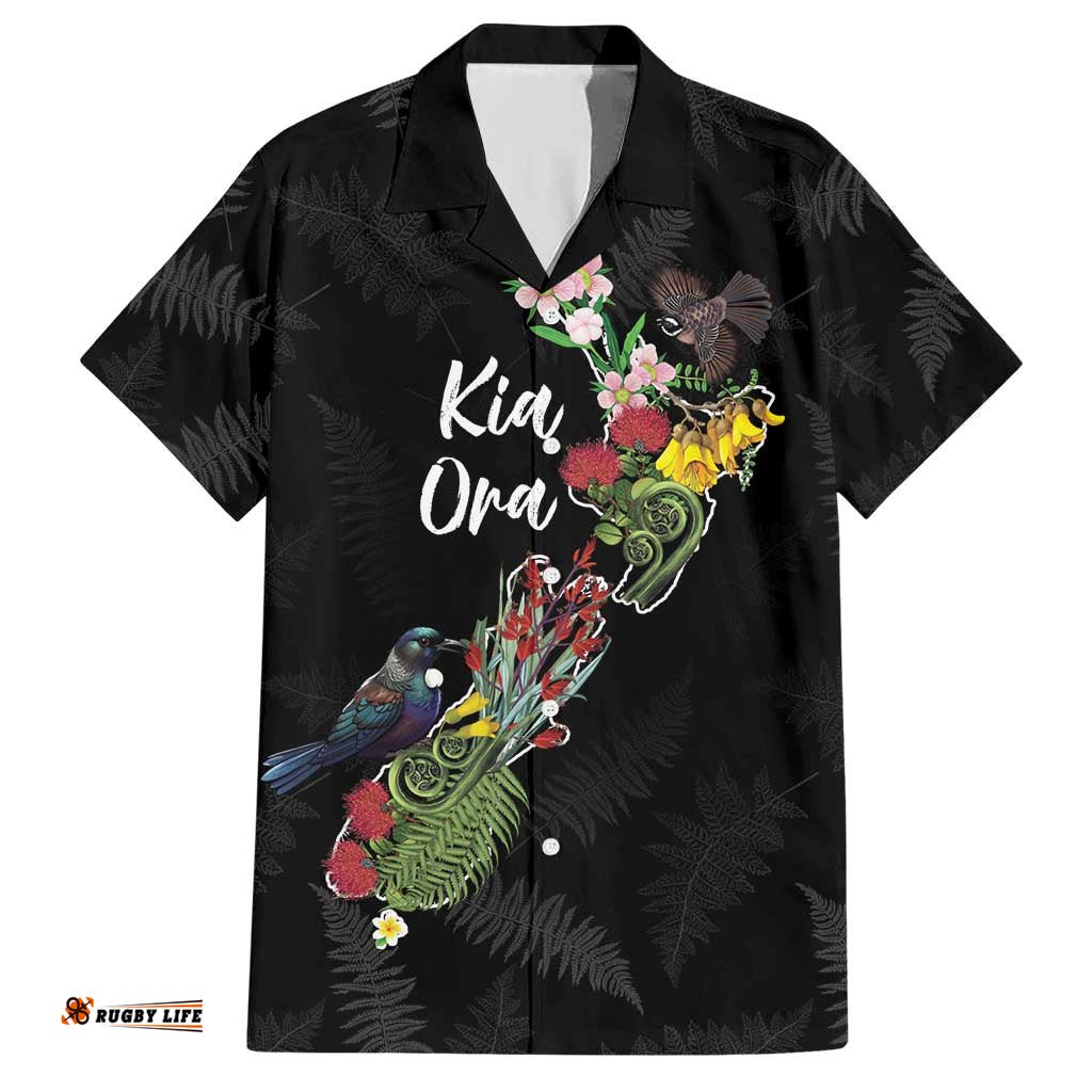 Kia Ora New Zealand Floral Personalized Hawaiian Shirt Black LT7