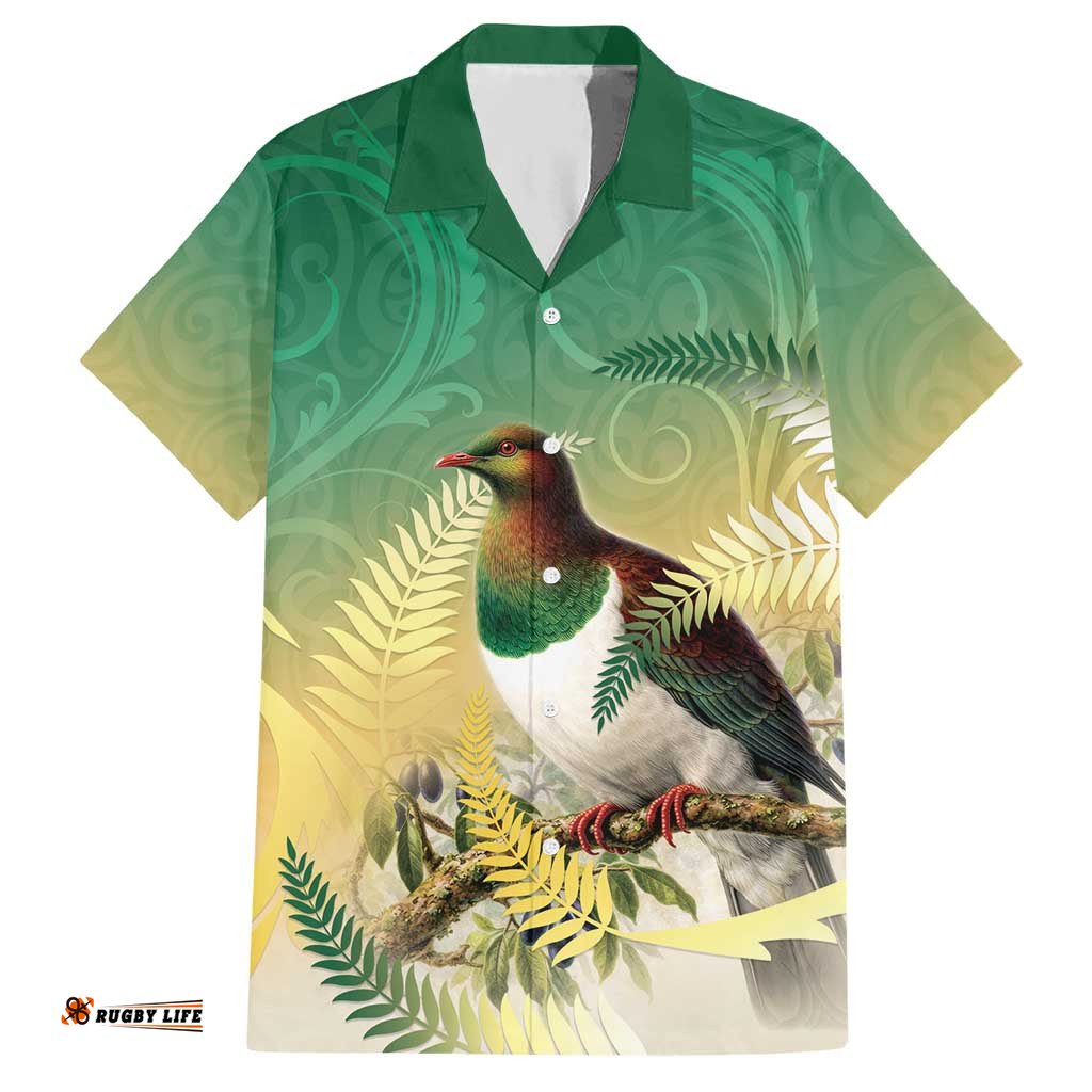 New Zealand Pigeon Kereru Hawaiian Shirt Maori Fern Art Green Gradient LT05