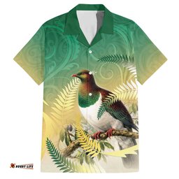 New Zealand Pigeon Kereru Hawaiian Shirt Maori Fern Art Green Gradient LT05