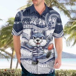 Custom Geelong Navy Hawaiian Shirt Playful Cat Kicking Ball DT05