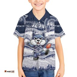 Custom Geelong Navy Hawaiian Shirt Playful Cat Kicking Ball DT05
