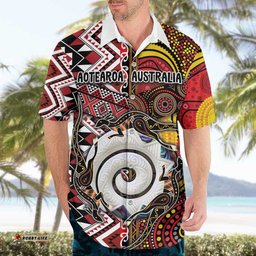 Personalised Aotearoa and Australia Together Hawaiian Shirt Koru and Kangaroo - Taniko with Aboriginal Motif LT03