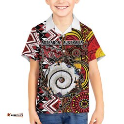 Personalised Aotearoa and Australia Together Hawaiian Shirt Koru and Kangaroo - Taniko with Aboriginal Motif LT03
