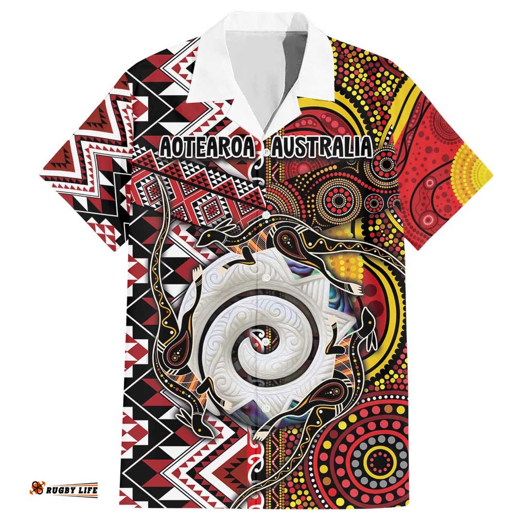 Personalised Aotearoa and Australia Together Hawaiian Shirt Koru and Kangaroo - Taniko with Aboriginal Motif LT03