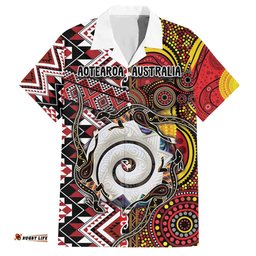Personalised Aotearoa and Australia Together Hawaiian Shirt Koru and Kangaroo - Taniko with Aboriginal Motif LT03