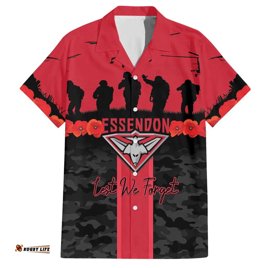 Personalised Essendon Football ANZAC Day Hawaiian Shirt Bombers Poppy Lest We Forget LT14
