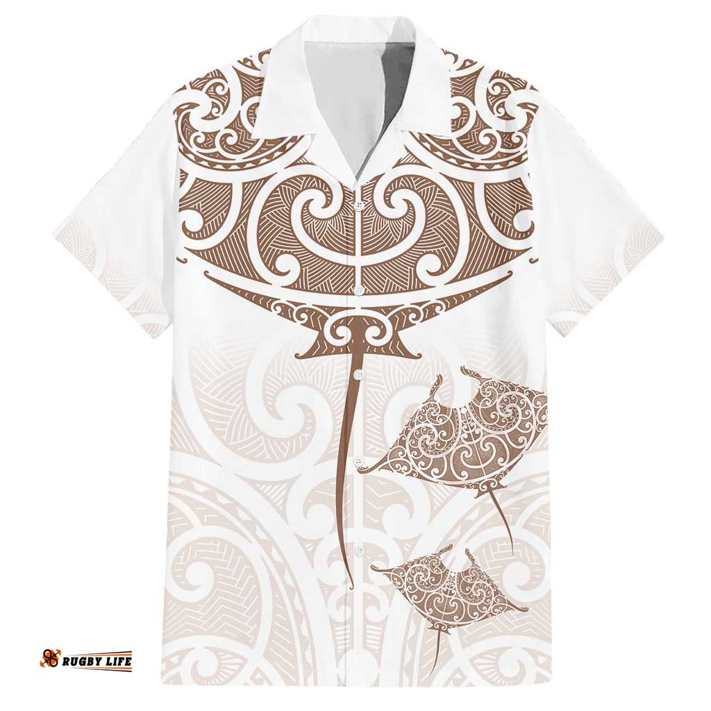 New Zealand Manta Ray Tattoo Hawaiian Shirt Aotearoa Maori Haehae Beige LT14