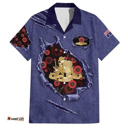Personalised ANZAC Day Hawaiian Shirt Poppy Flowers Ripped Fabric Effect DT05