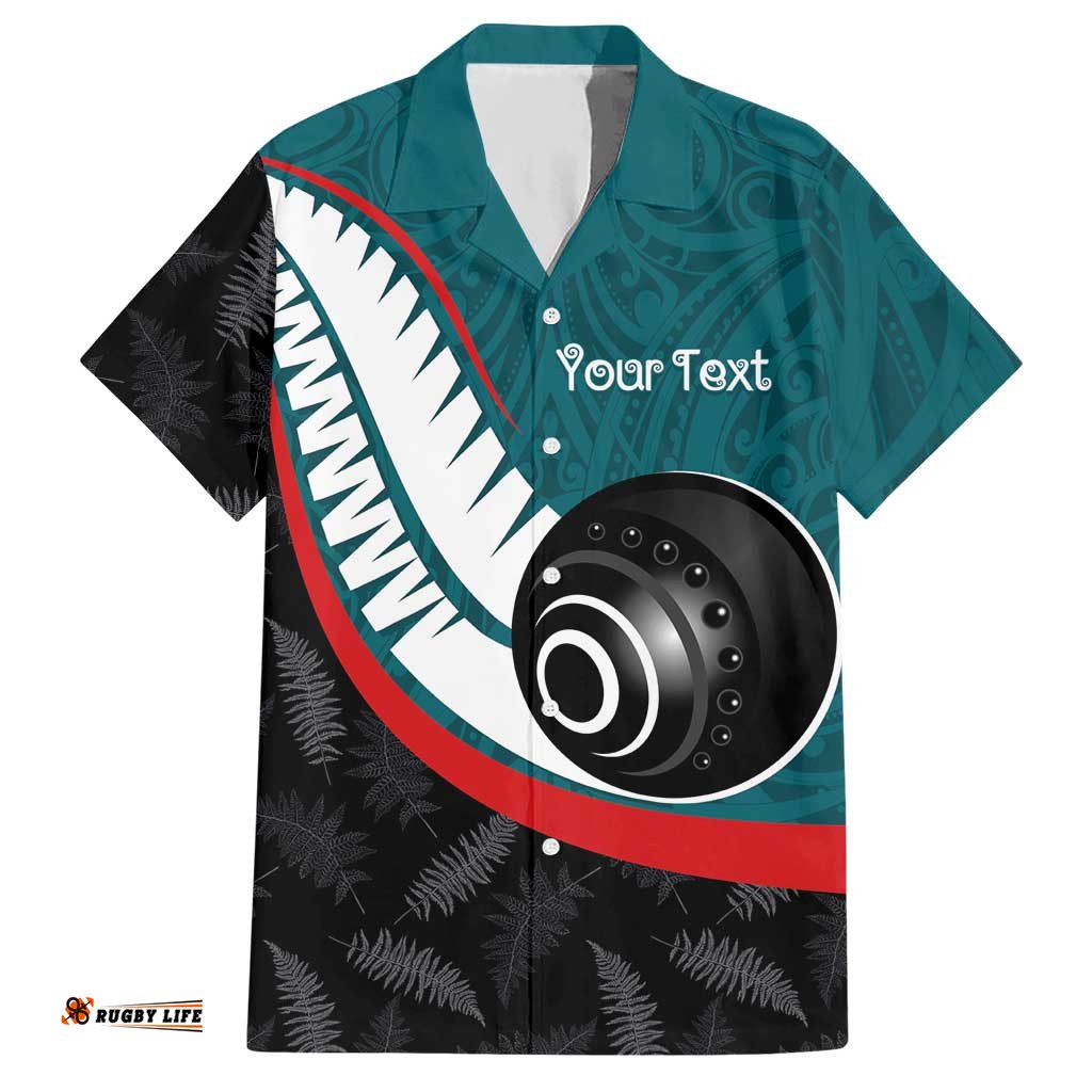 Personalised Aotearoa Lawn Bowls Hawaiian Shirt Maori and Silver Fern Sporty Style Teal Color LT03