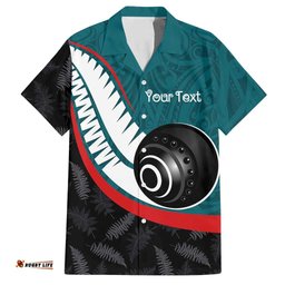 Personalised Aotearoa Lawn Bowls Hawaiian Shirt Maori and Silver Fern Sporty Style Teal Color LT03