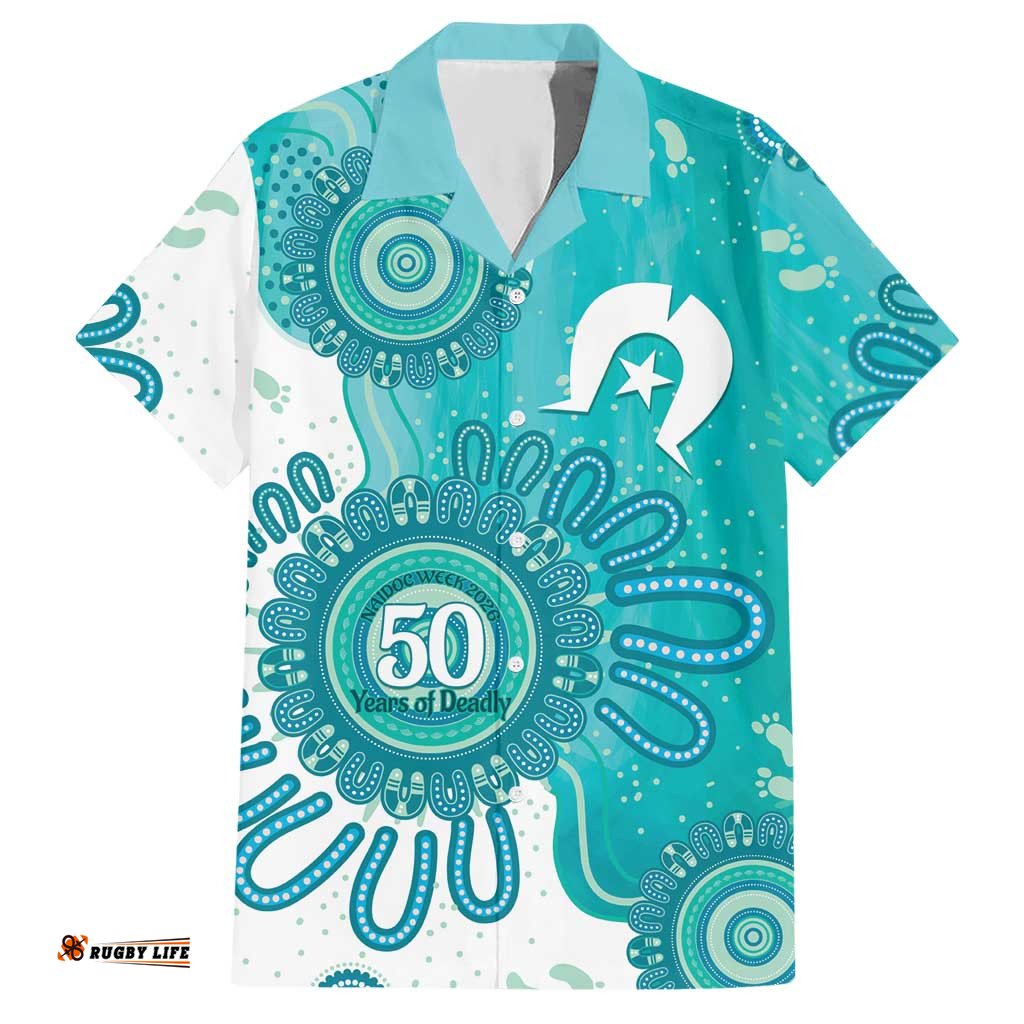 NAIDOC Week 2026 Hawaiian Shirt 50 Years Deadly Dhari Cyan Aboriginal Art LT14