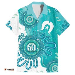 NAIDOC Week 2026 Hawaiian Shirt 50 Years Deadly Dhari Cyan Aboriginal Art LT14
