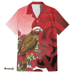 New Zealand Parrot Kaka Hawaiian Shirt Maori Koru With Pohutukawa Flowers LT05