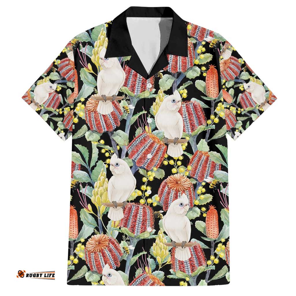 Little Corella Australia Cockatoo Hawaiian Shirt Cacatua Sanguinea Banksia Seamless Black LT14