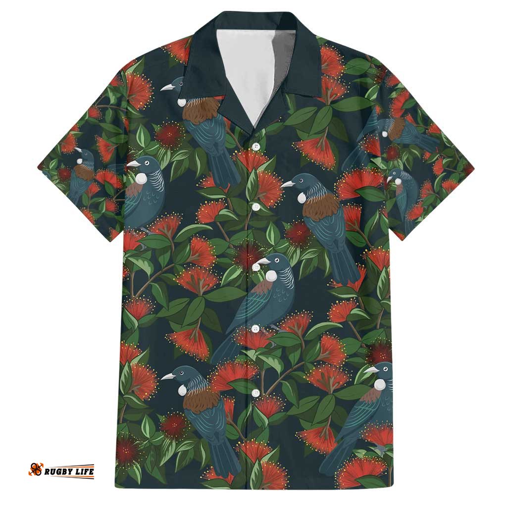 New Zealand Christmas Hawaiian Shirt Romantic Tui Birds on Pohutukawa - Cobalt LT7