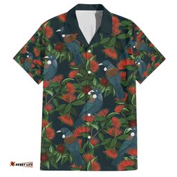 New Zealand Christmas Hawaiian Shirt Romantic Tui Birds on Pohutukawa - Cobalt LT7