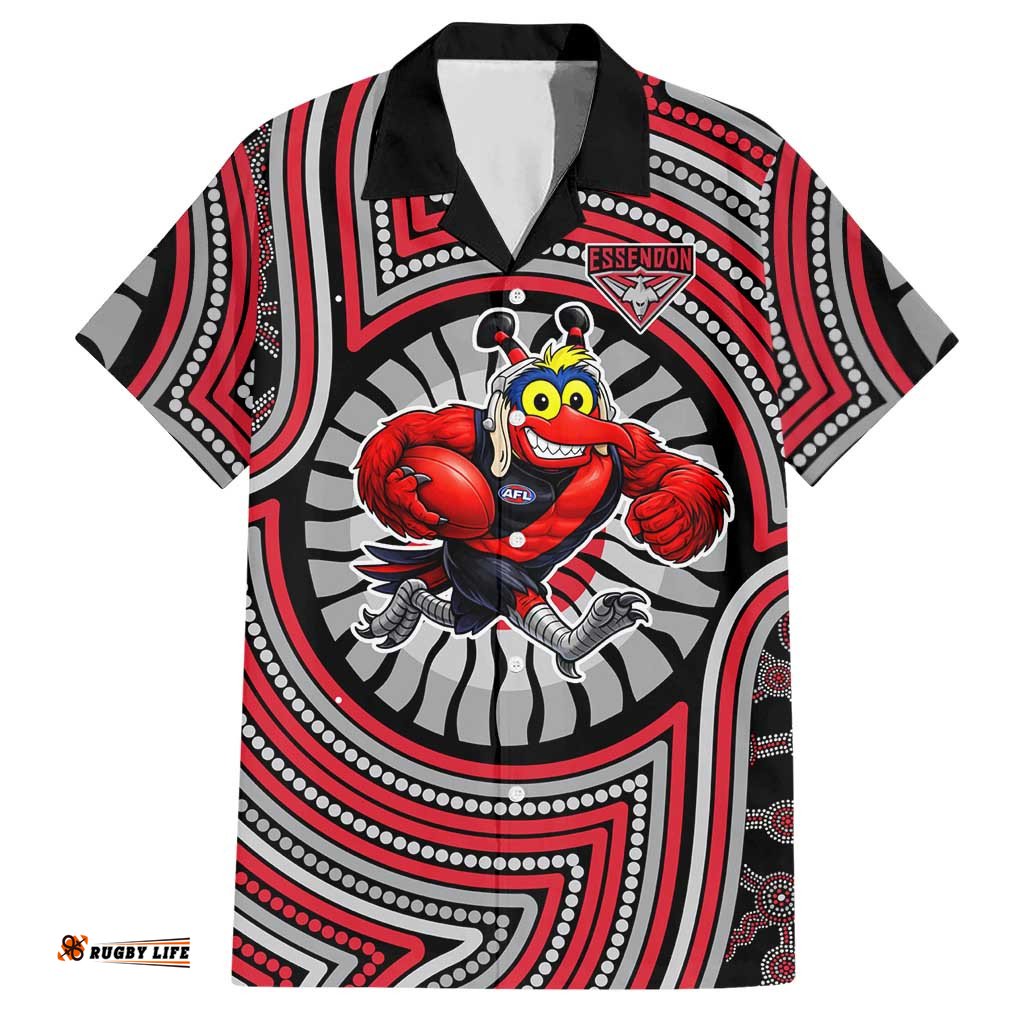 Essendon Football Club Hawaiian Shirt Indigenous Monochrome Dot Art Mascot Style TS04