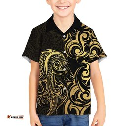 Gold And Black Aoteara Horse Racing Hawaiian Shirt NZ Maori Pattern LT14