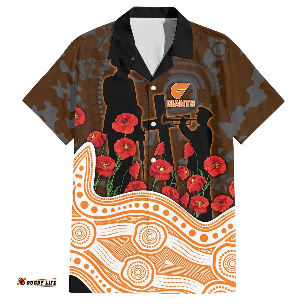 GWS Giants ANZAC Day Hawaiian Shirt Indigenous Dot Art with Poppy Flower Tribute TS04
