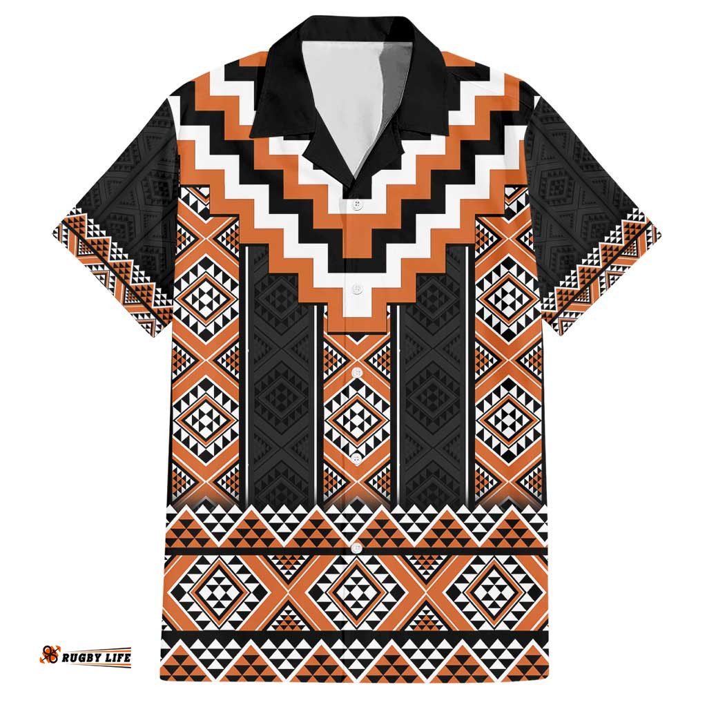 Orange Taniko Pattern Aotearoa Hawaiian Shirt Niho Taniwha Mix Poutama LT14