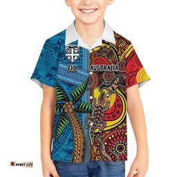 Personalised Australia and Fiji Together Hawaiian Shirt Tribal Palm Tree with Tapa and Aboriginal Animals Half Style LT03