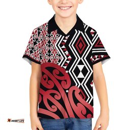 New Zealand Hawaiian Shirt Aotearoa Kowhaiwhai Mix Taniko Art - Red LT14