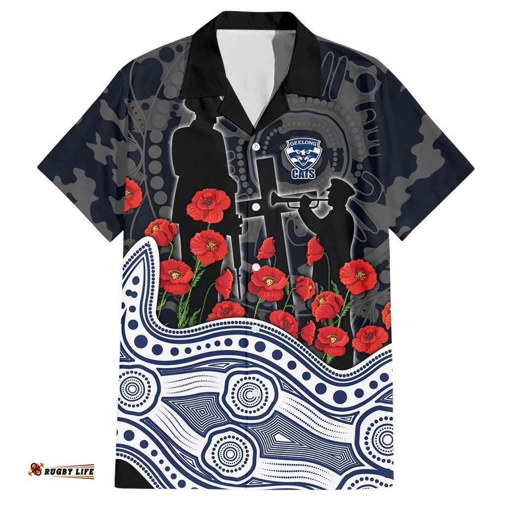 Geelong Cats ANZAC Day Hawaiian Shirt Indigenous Dot Art with Poppy Flower Tribute TS04