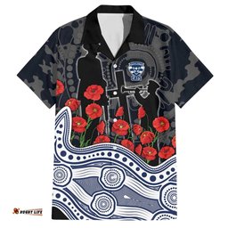 Geelong Cats ANZAC Day Hawaiian Shirt Indigenous Dot Art with Poppy Flower Tribute TS04