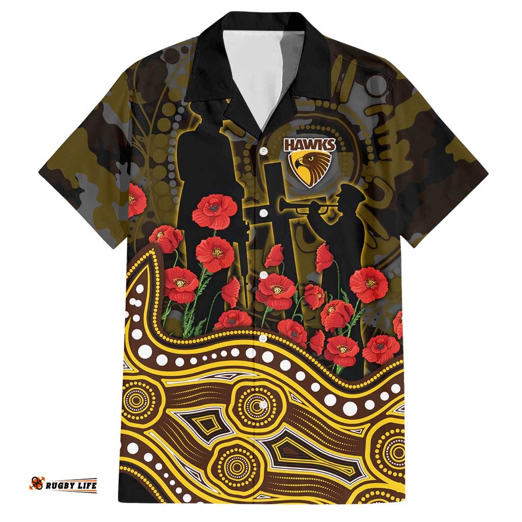 Hawthorn Hawks ANZAC Day Hawaiian Shirt Indigenous Dot Art with Poppy Flower Tribute TS04