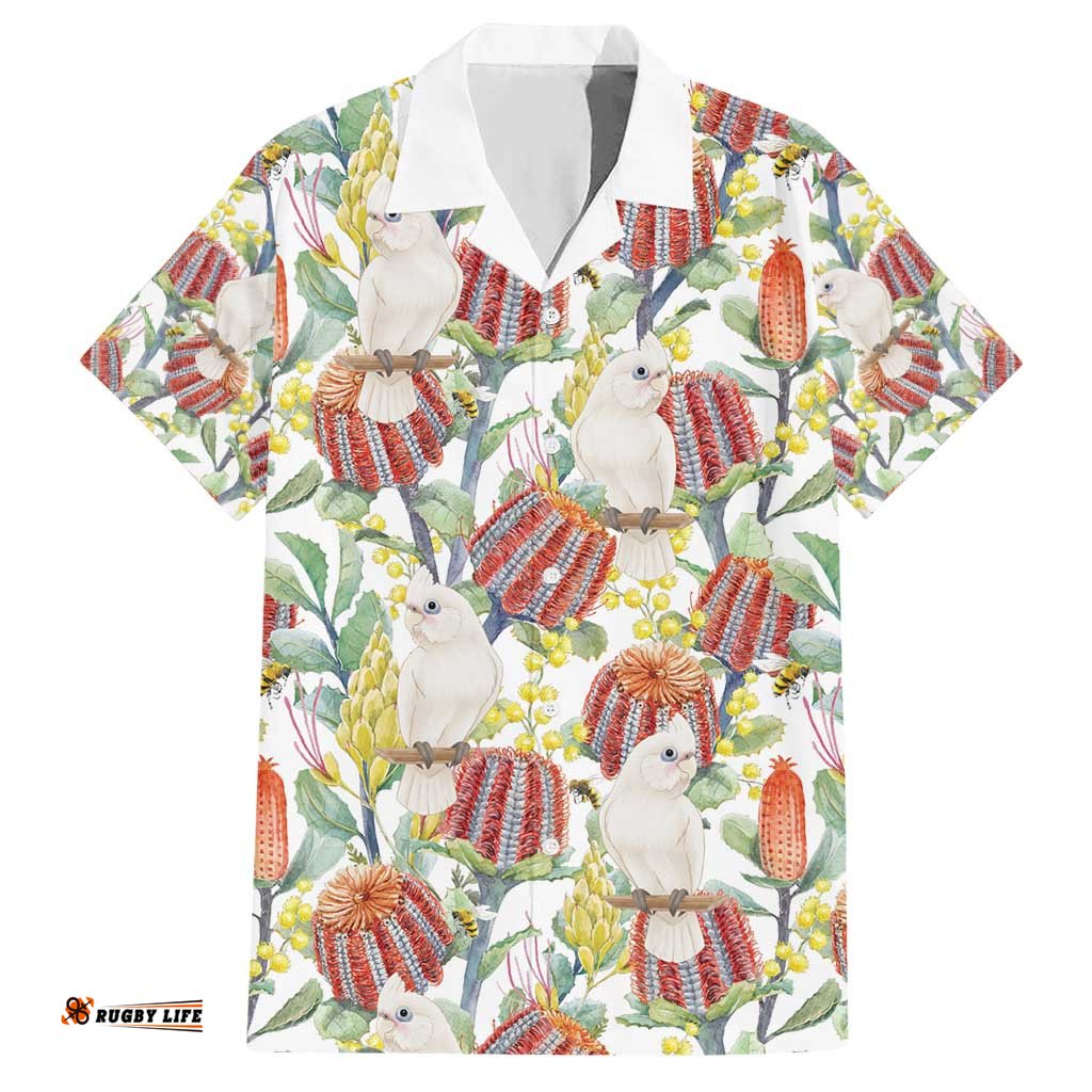Little Corella Australia Cockatoo Hawaiian Shirt Cacatua Sanguinea Banksia Seamless White LT14
