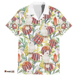 Little Corella Australia Cockatoo Hawaiian Shirt Cacatua Sanguinea Banksia Seamless White LT14