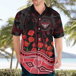 Essendon Bombers ANZAC Day Hawaiian Shirt Indigenous Dot Art with Poppy Flower Tribute TS04