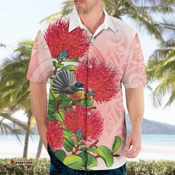 New Zealand Fantail Hawaiian Shirt Maori Koru With Pohutukawa Flowers LT05