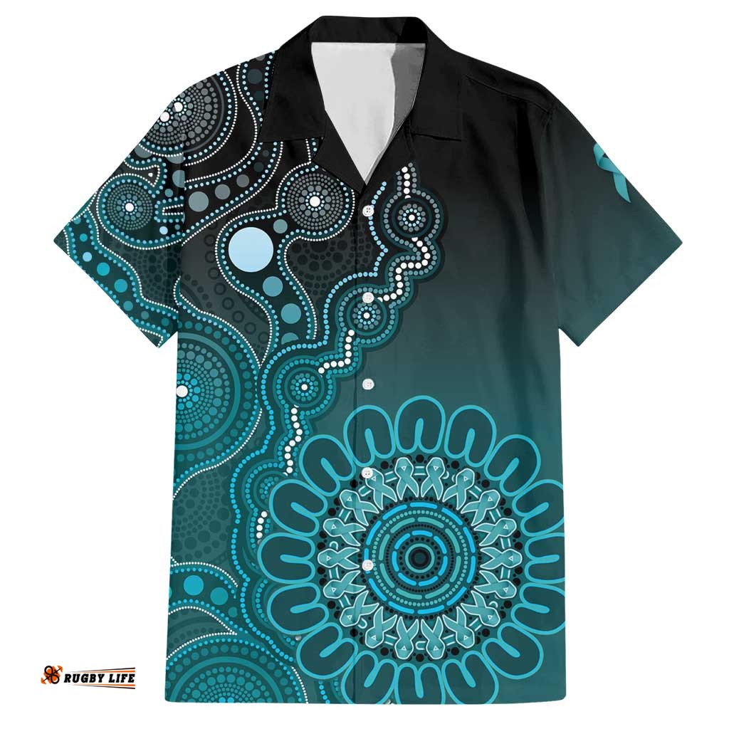 Personalised Ovarian Cancer Awareness Hawaiian Shirt Teal Ribbon Aboriginal Art LT05