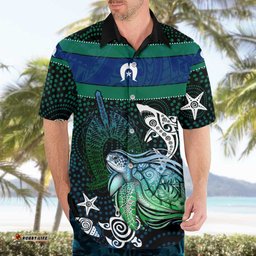 Torres Strait Islands Sea Turtle and Dhari Hawaiian Shirt Oceanic Indigenous Dotwork Tribal Illustration TS04