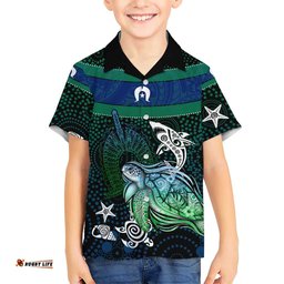 Torres Strait Islands Sea Turtle and Dhari Hawaiian Shirt Oceanic Indigenous Dotwork Tribal Illustration TS04
