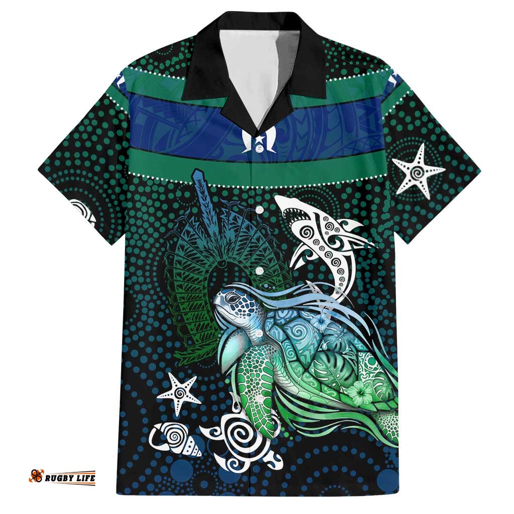 Torres Strait Islands Sea Turtle and Dhari Hawaiian Shirt Oceanic Indigenous Dotwork Tribal Illustration TS04
