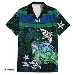 Torres Strait Islands Sea Turtle and Dhari Hawaiian Shirt Oceanic Indigenous Dotwork Tribal Illustration TS04