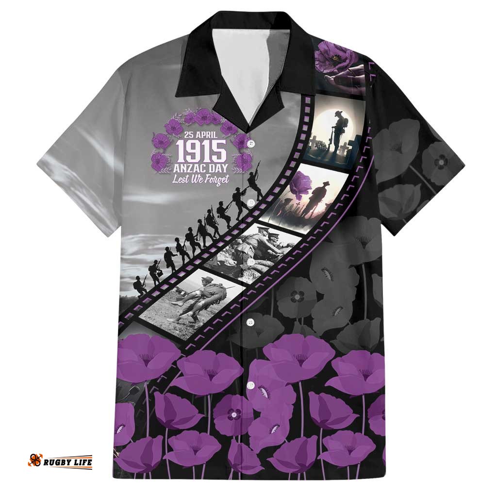 Personalised Remembering ANZAC Lest We Forget Hawaiian Shirt Vintage Film Frame Memorial Purple Poppy LT9