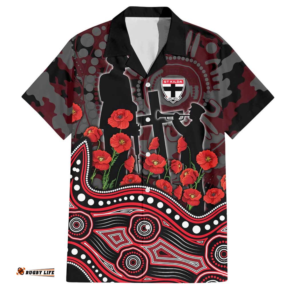 St Kilda Saints ANZAC Day Hawaiian Shirt Indigenous Dot Art with Poppy Flower Tribute TS04